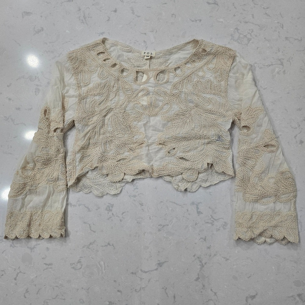 POL Stay Free Crochet Top Natural Boho Long Sleeve Cotton NWT Small OS